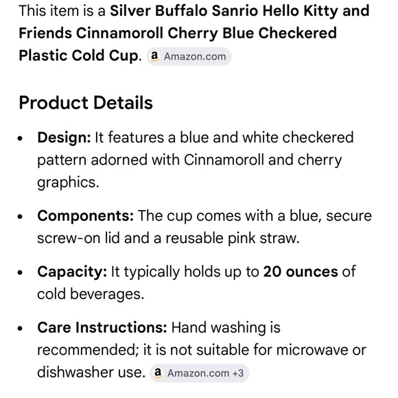 Sanrio Hello Kitty Cinnamoroll Blue Tumbler with Pink Straw and Cherry Accents - Picture 4 of 4